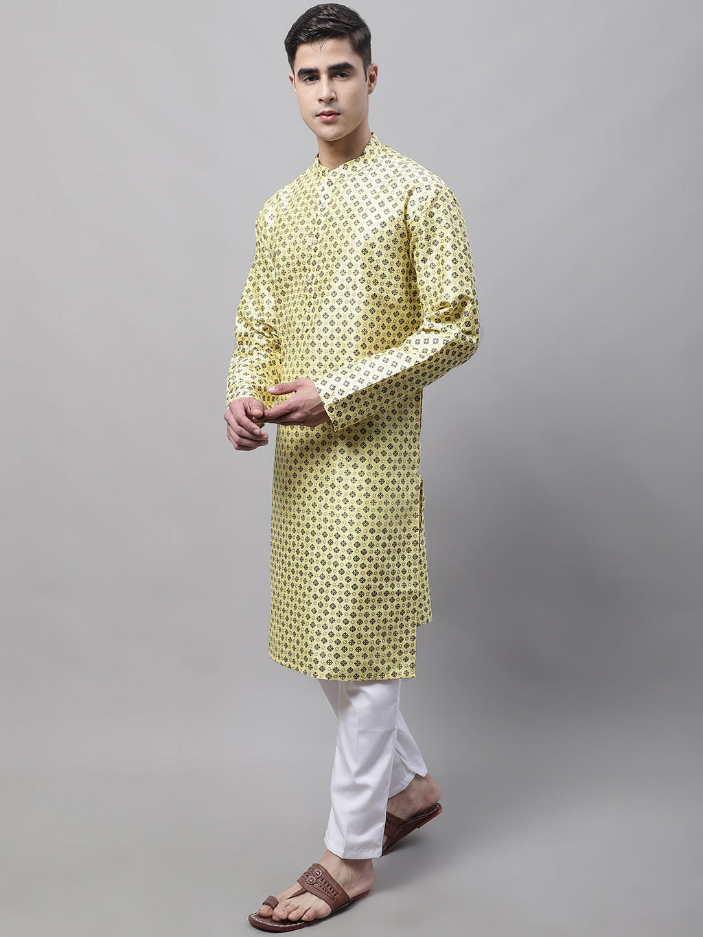 Jompers Men's Yellow Printed Silk Blend Kurta Payjama | Grocsy