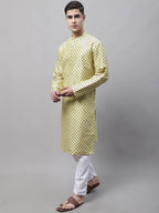 Jompers Men's Yellow Printed Silk Blend Kurta Payjama | Grocsy