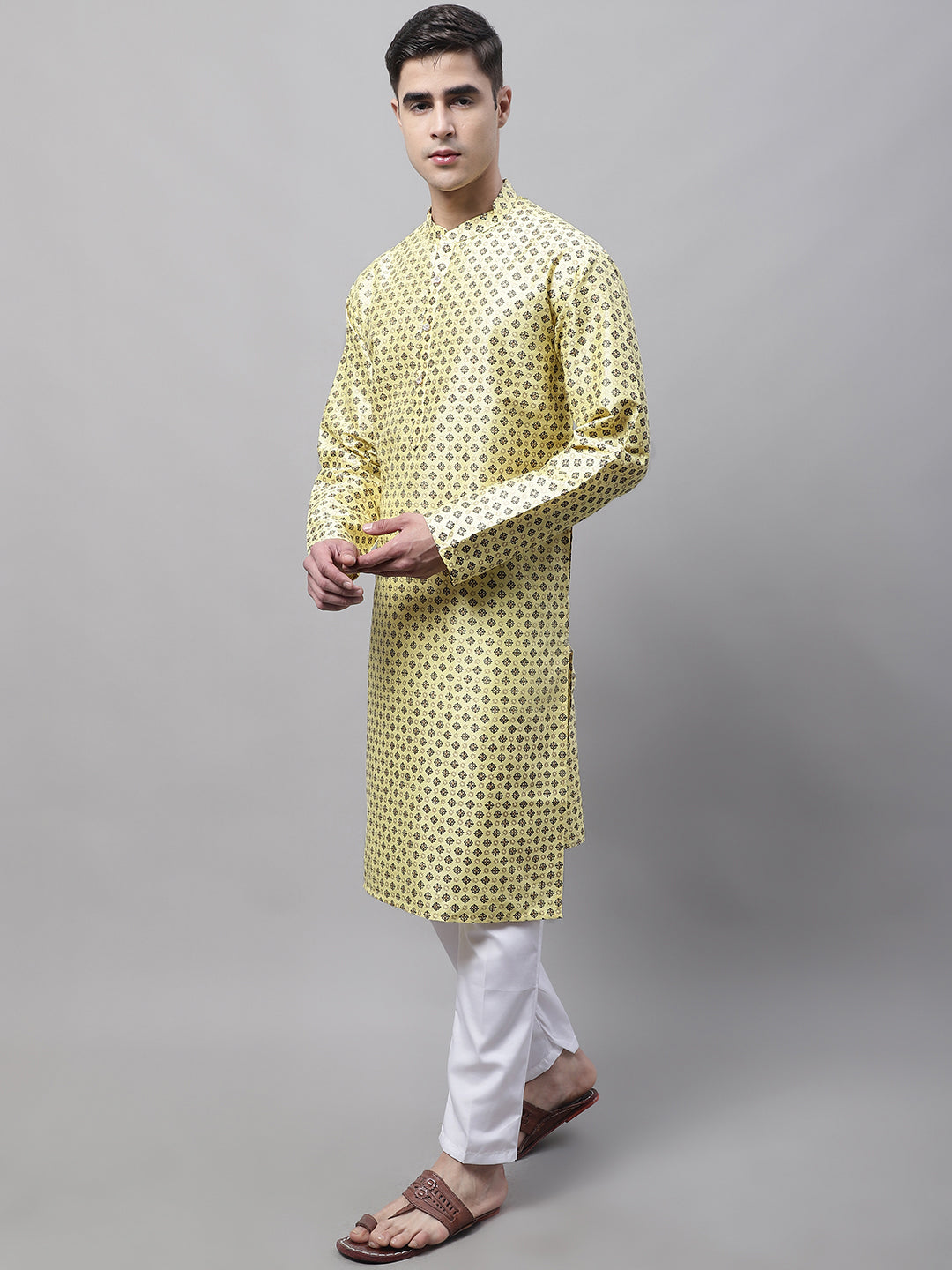 Jompers Men's Yellow Printed Silk Blend Kurta Payjama | Grocsy