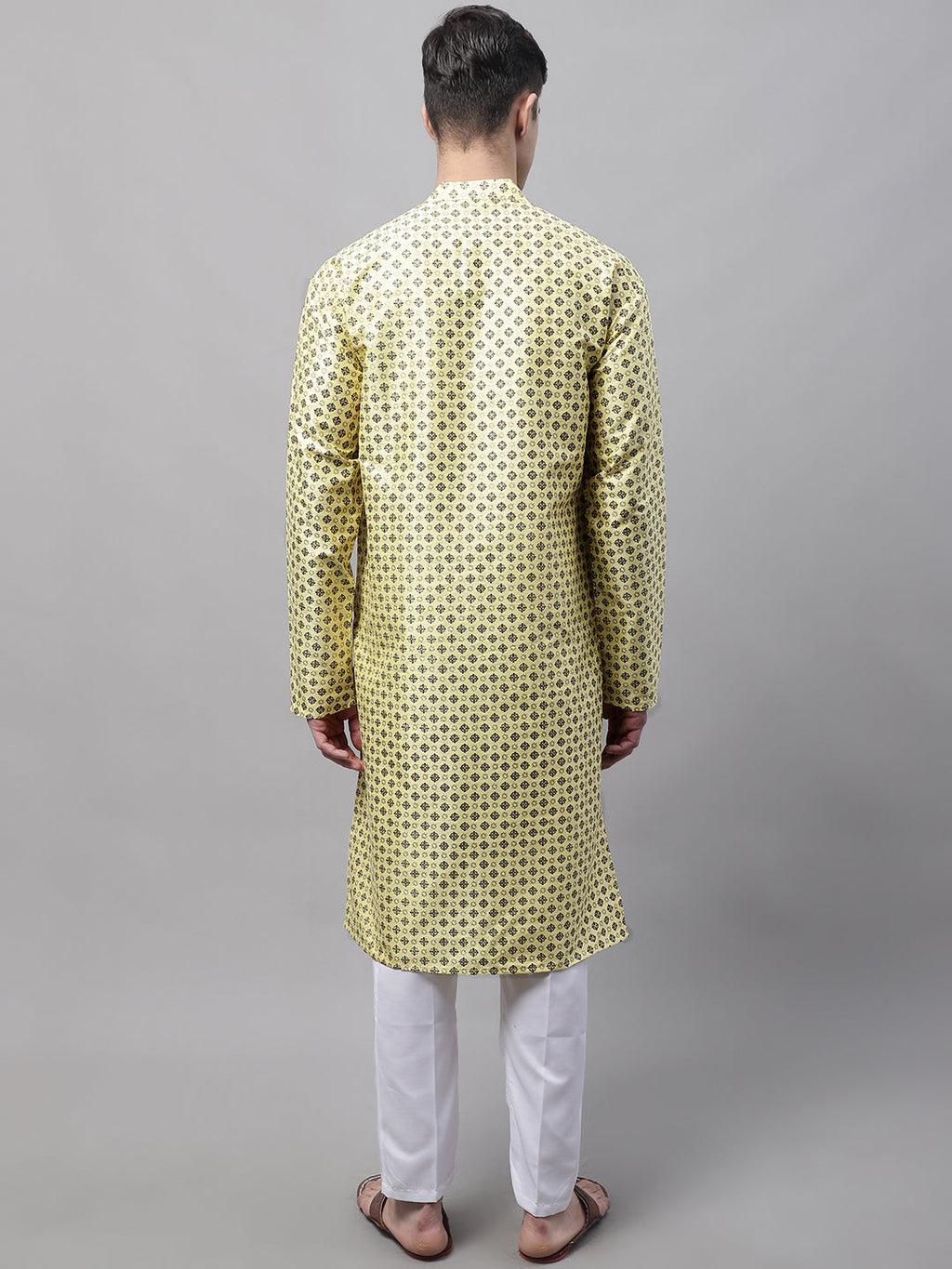 Jompers Men's Yellow Printed Silk Blend Kurta Payjama | Grocsy