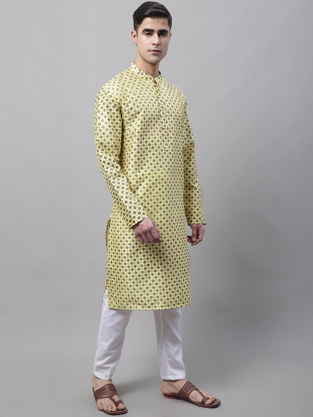 Jompers Men's Yellow Printed Silk Blend Kurta Payjama | Grocsy