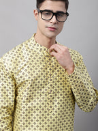 Jompers Men's Yellow Printed Silk Blend Kurta Payjama | Grocsy