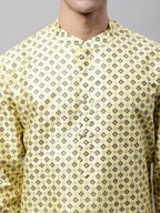 Jompers Men's Yellow Printed Silk Blend Kurta Payjama | Grocsy