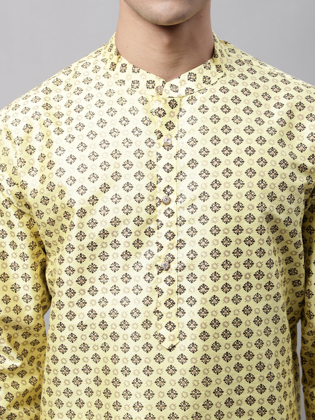 Jompers Men's Yellow Printed Silk Blend Kurta Payjama | Grocsy