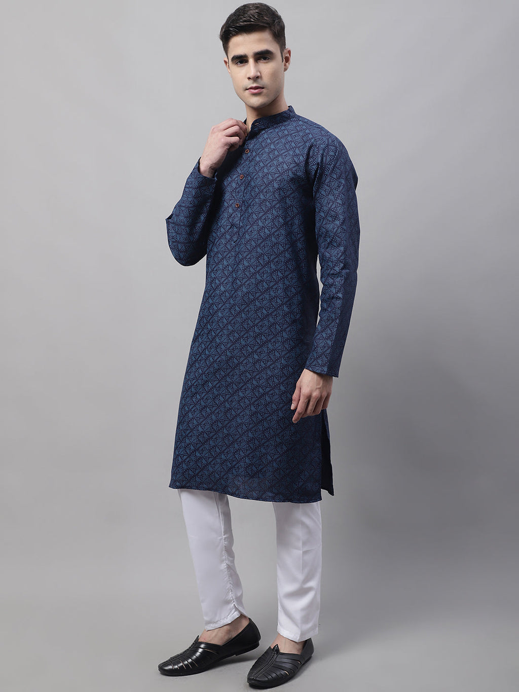Jompers Men's Navy Blue Printed Pure Cotton Kurta Payjama Set | Grocsy