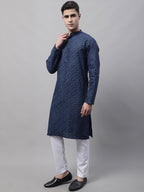 Jompers Men's Navy Blue Printed Pure Cotton Kurta Payjama Set | Grocsy