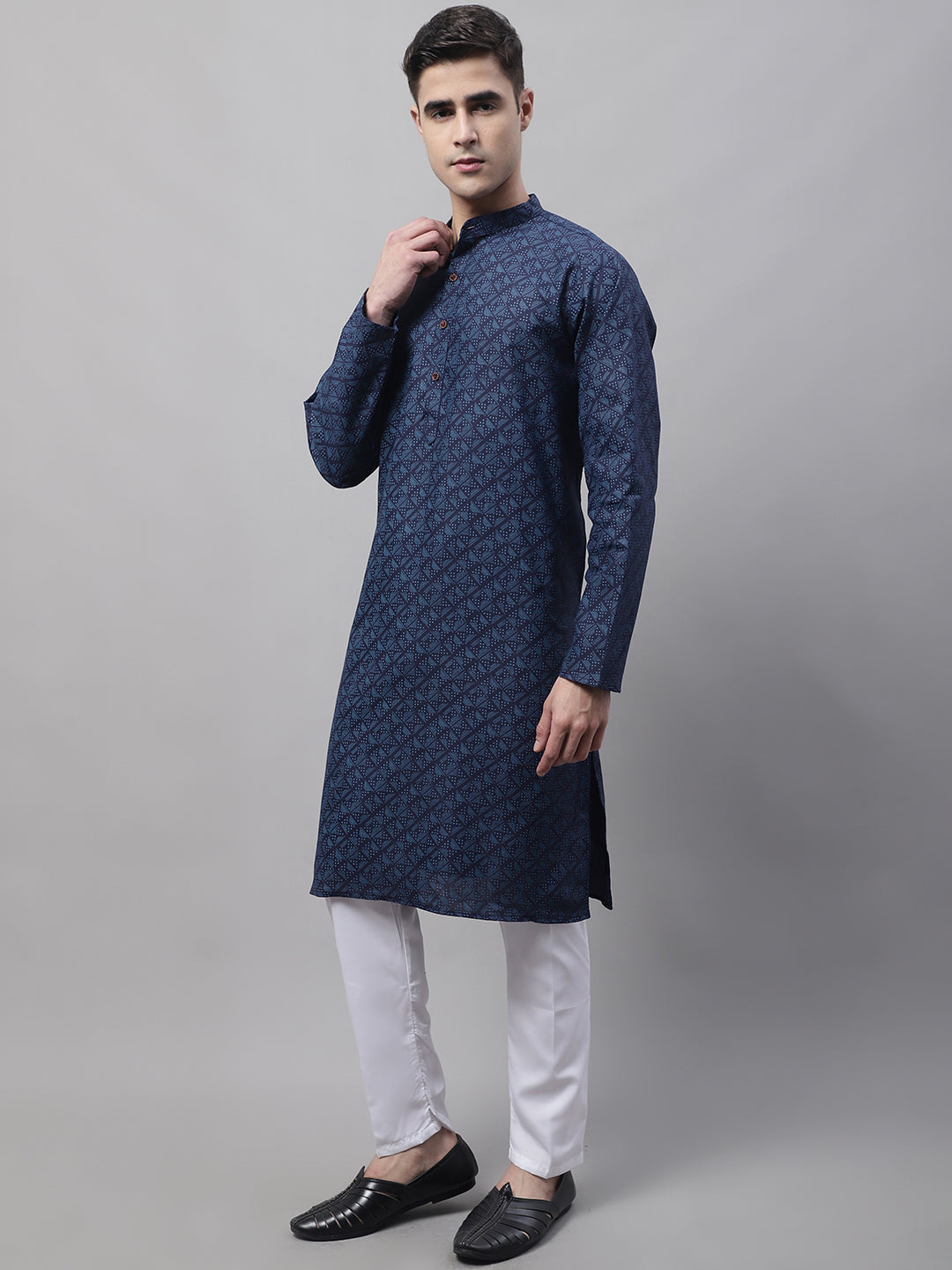 Jompers Men's Navy Blue Printed Pure Cotton Kurta Payjama Set | Grocsy