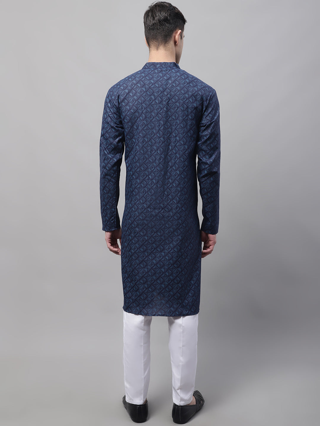 Jompers Men's Navy Blue Printed Pure Cotton Kurta Payjama Set | Grocsy