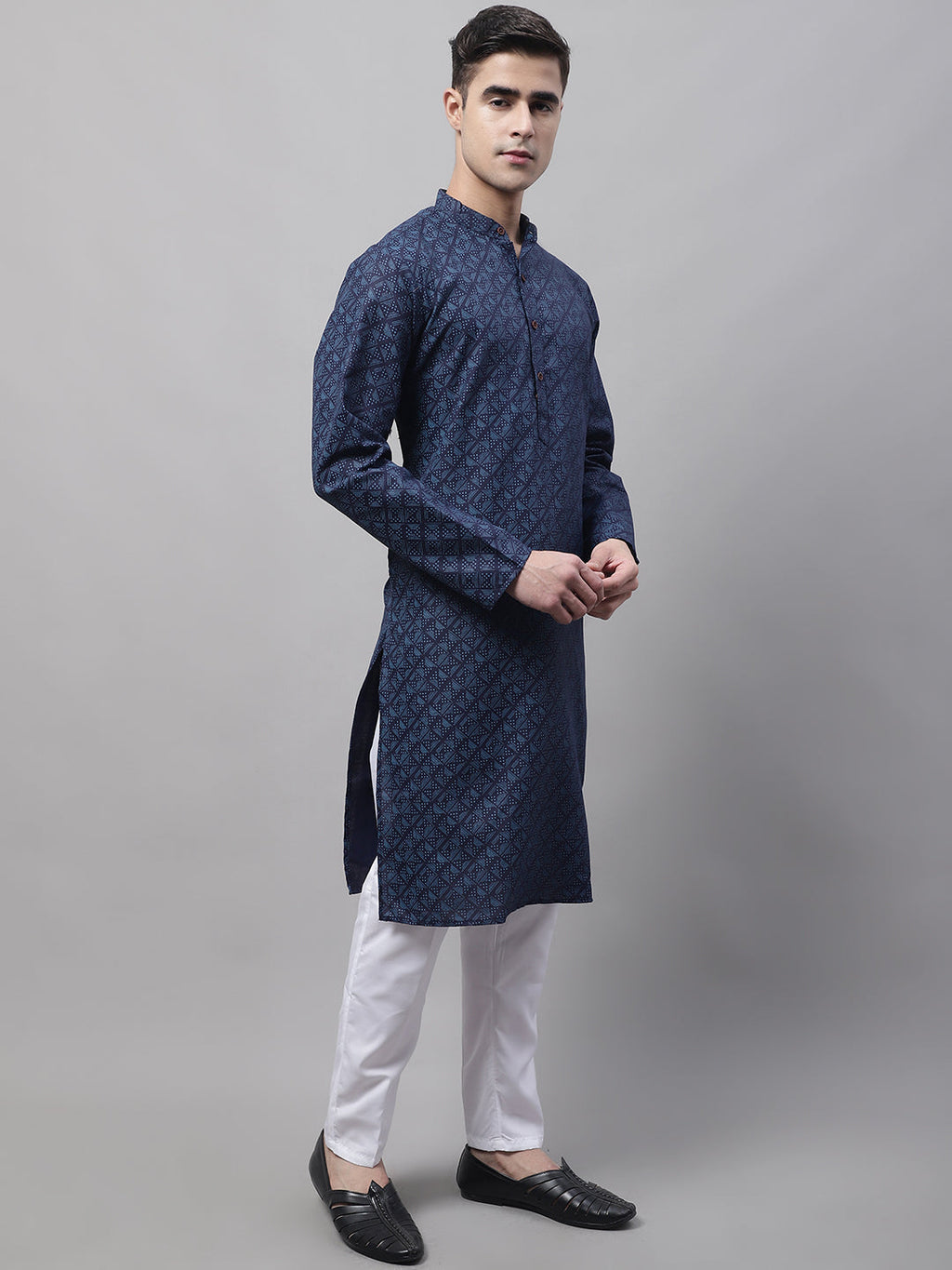 Jompers Men's Navy Blue Printed Pure Cotton Kurta Payjama Set | Grocsy