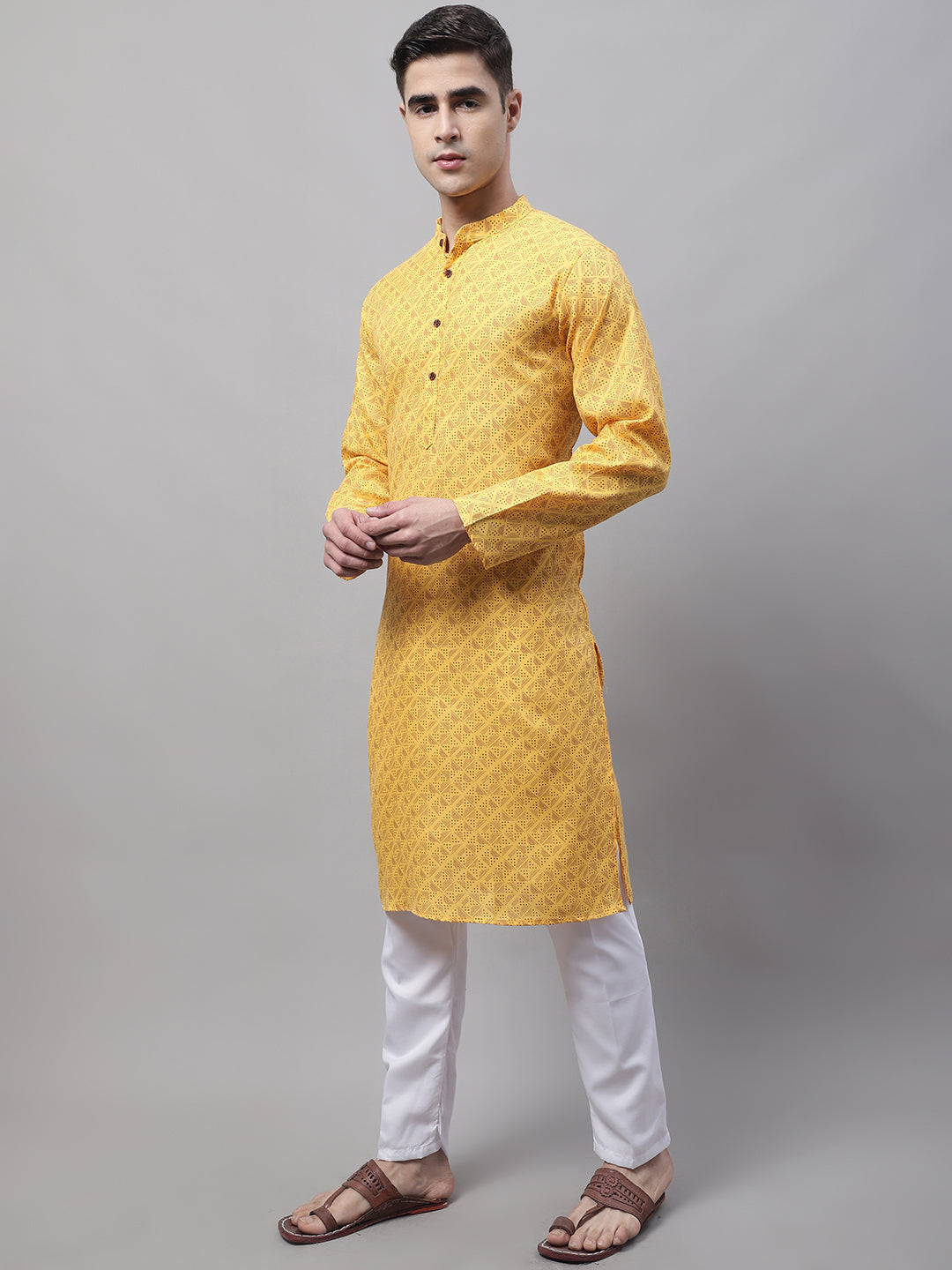 Jompers Men's Yellow Printed Pure Cotton Kurta Payjama Set | Grocsy