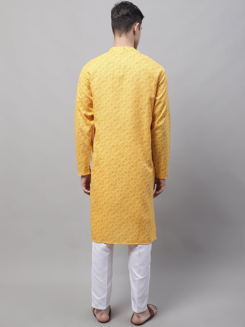 Jompers Men's Yellow Printed Pure Cotton Kurta Payjama Set | Grocsy