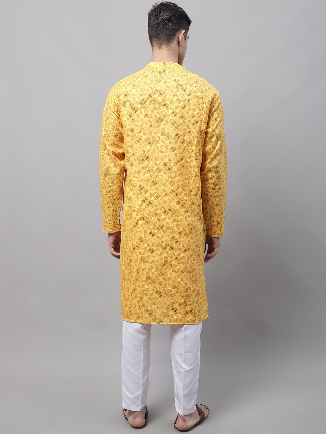 Jompers Men's Yellow Printed Pure Cotton Kurta Payjama Set | Grocsy