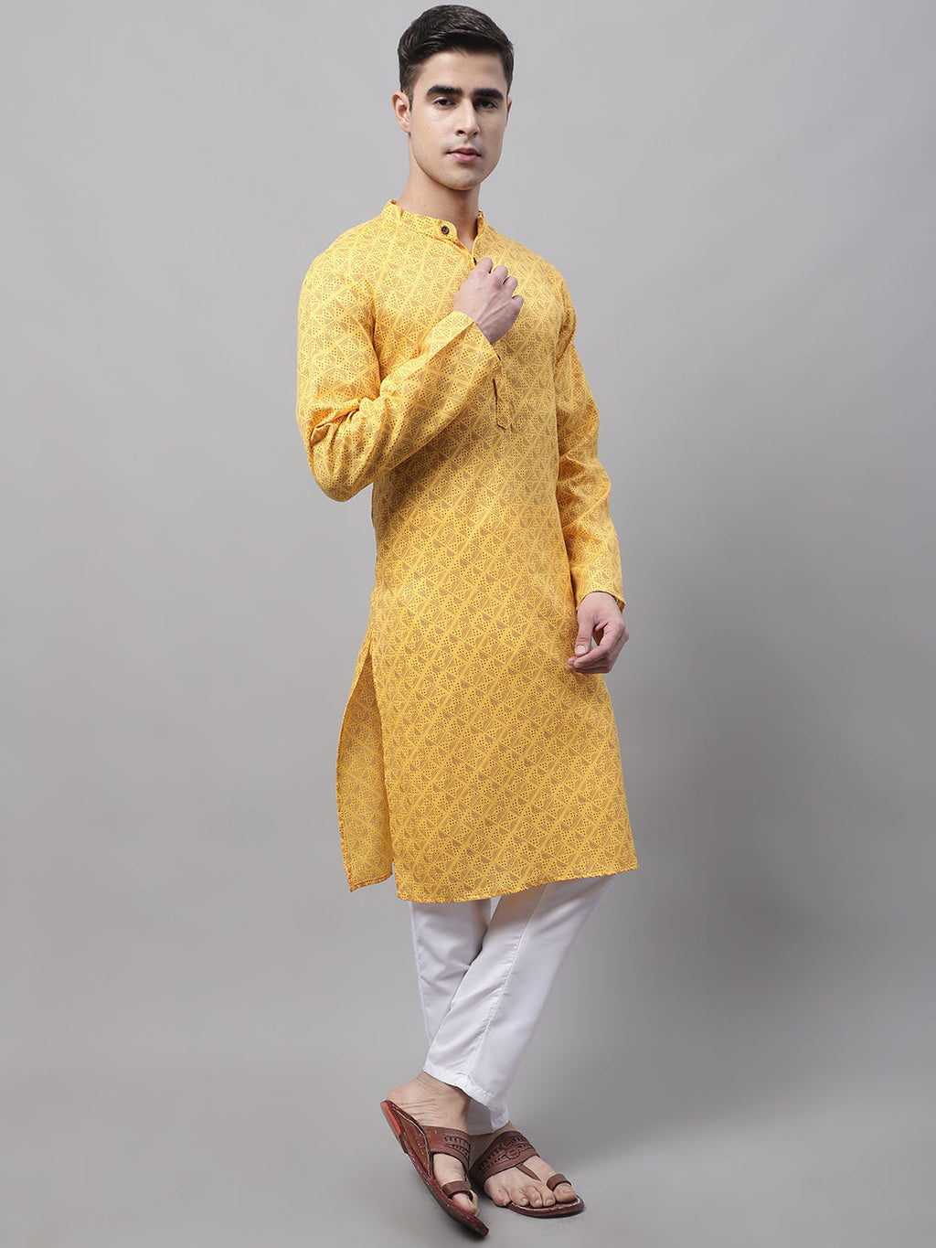 Jompers Men's Yellow Printed Pure Cotton Kurta Payjama Set | Grocsy