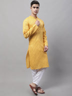 Jompers Men's Yellow Printed Pure Cotton Kurta Payjama Set | Grocsy