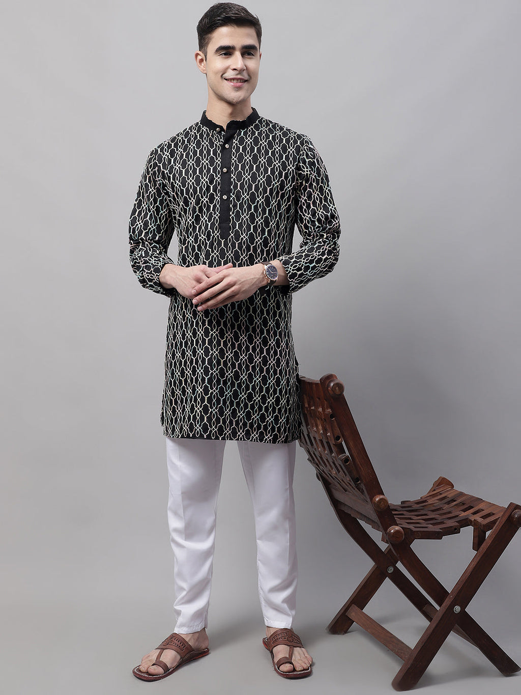 Jompers Men's Black and Multi Coloured Embroidered Straight Kurta Pyjama Set | Grocsy