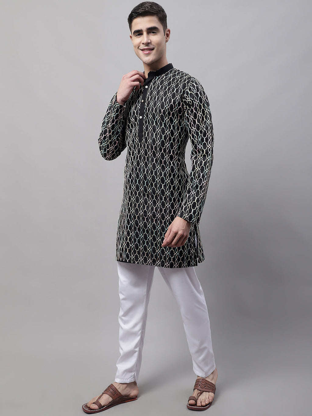 Jompers Men's Black and Multi Coloured Embroidered Straight Kurta Pyjama Set | Grocsy