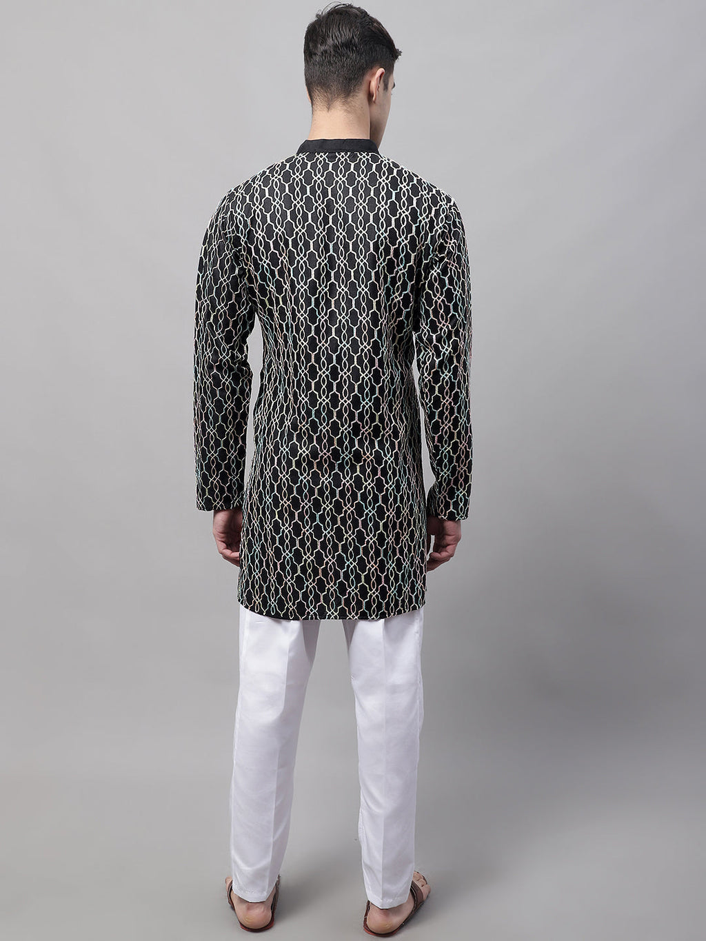 Jompers Men's Black and Multi Coloured Embroidered Straight Kurta Pyjama Set | Grocsy