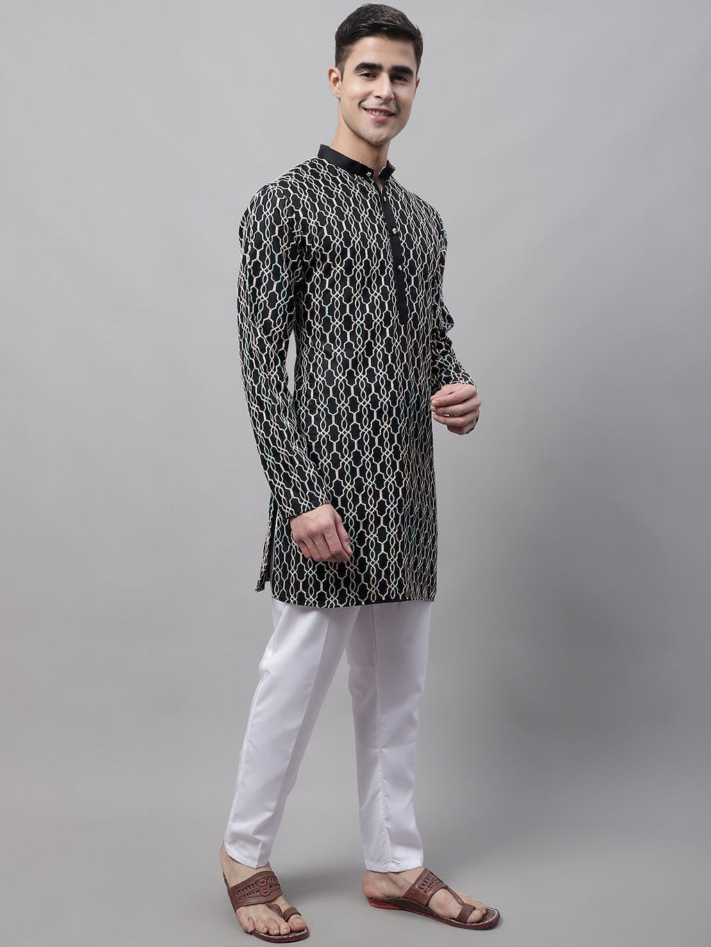 Jompers Men's Black and Multi Coloured Embroidered Straight Kurta Pyjama Set | Grocsy