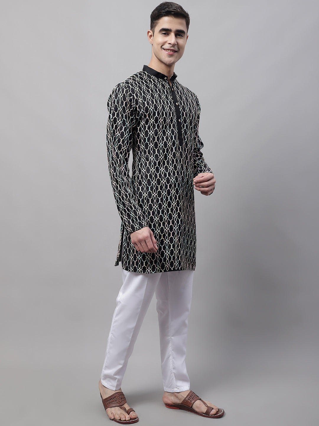 Jompers Men's Black and Multi Coloured Embroidered Straight Kurta Pyjama Set | Grocsy