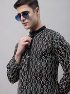 Jompers Men's Black and Multi Coloured Embroidered Straight Kurta Pyjama Set | Grocsy