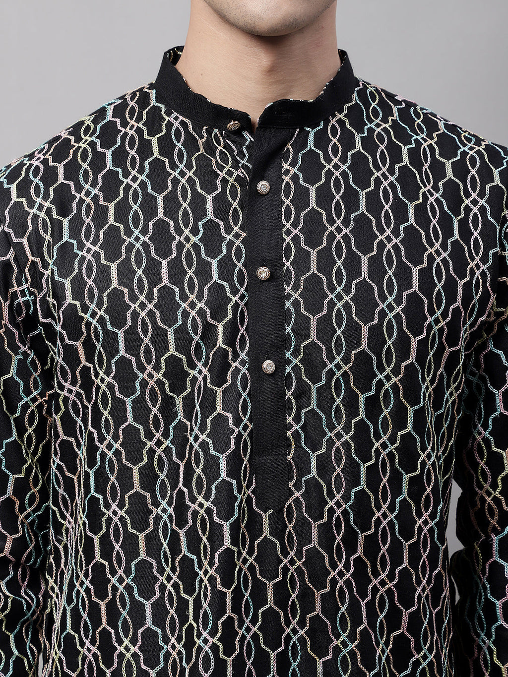 Jompers Men's Black and Multi Coloured Embroidered Straight Kurta Pyjama Set | Grocsy
