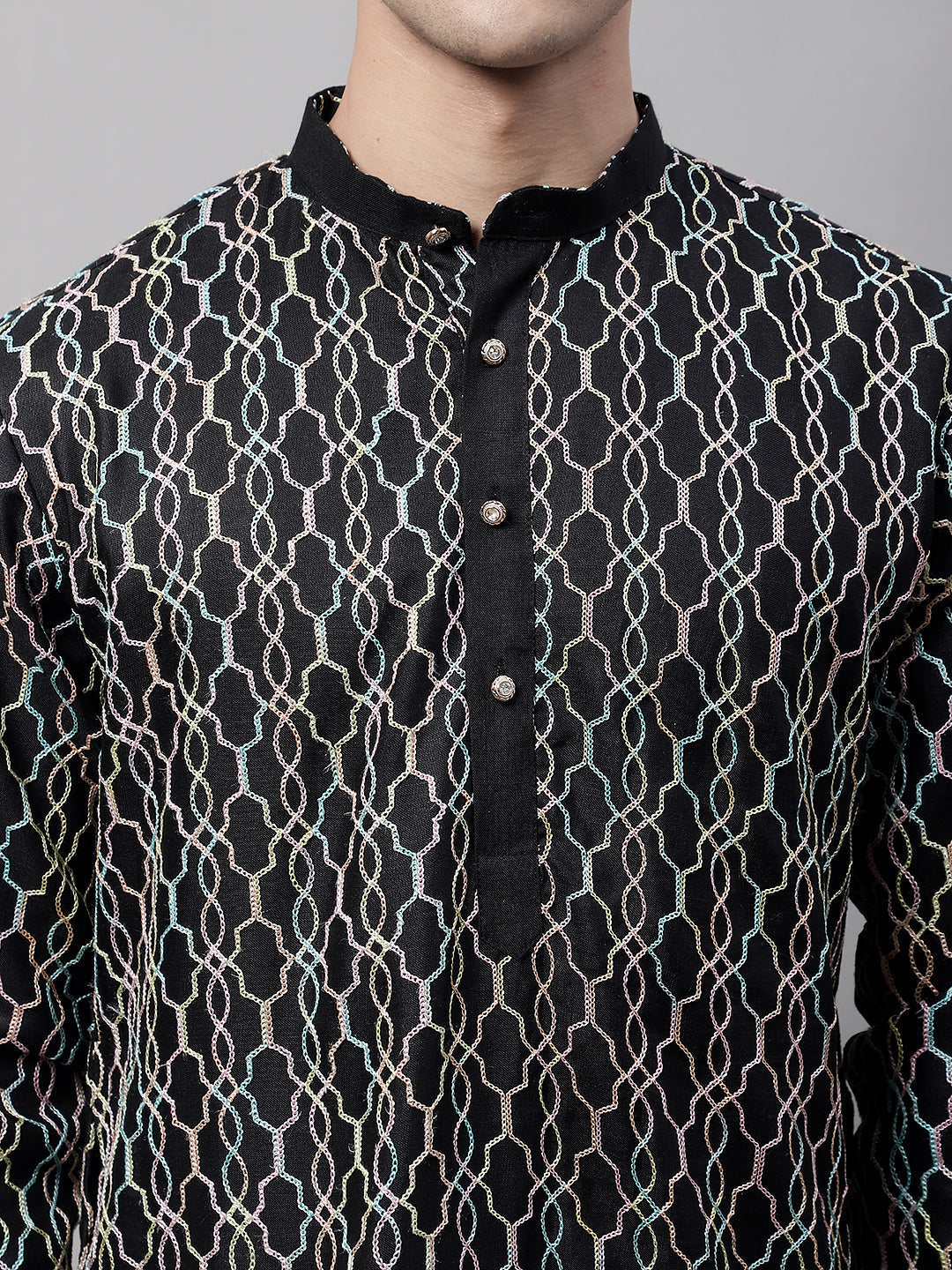 Jompers Men's Black and Multi Coloured Embroidered Straight Kurta Pyjama Set | Grocsy
