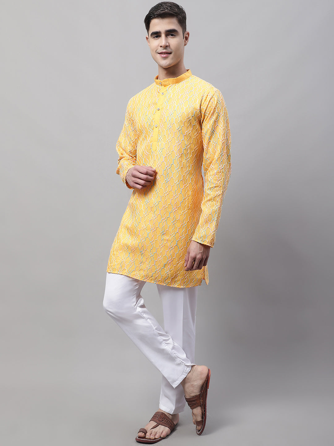 Jompers Men's Mustard and Multi Coloured Embroidered Straight Kurta Pyjama Set | Grocsy