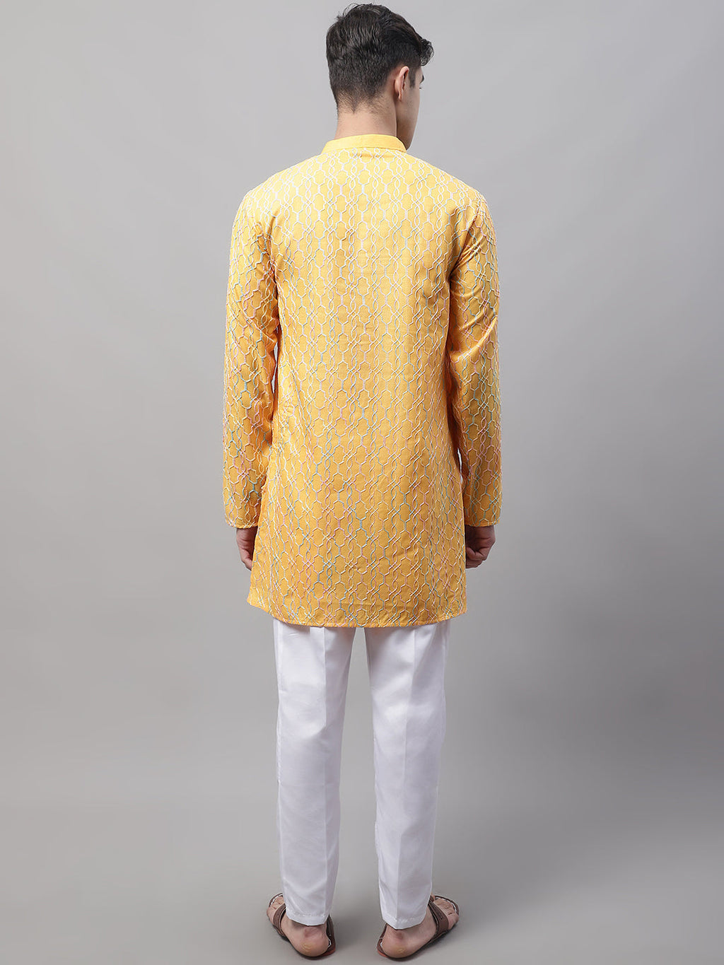 Jompers Men's Mustard and Multi Coloured Embroidered Straight Kurta Pyjama Set | Grocsy