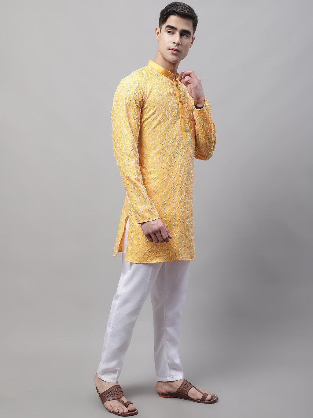 Jompers Men's Mustard and Multi Coloured Embroidered Straight Kurta Pyjama Set | Grocsy