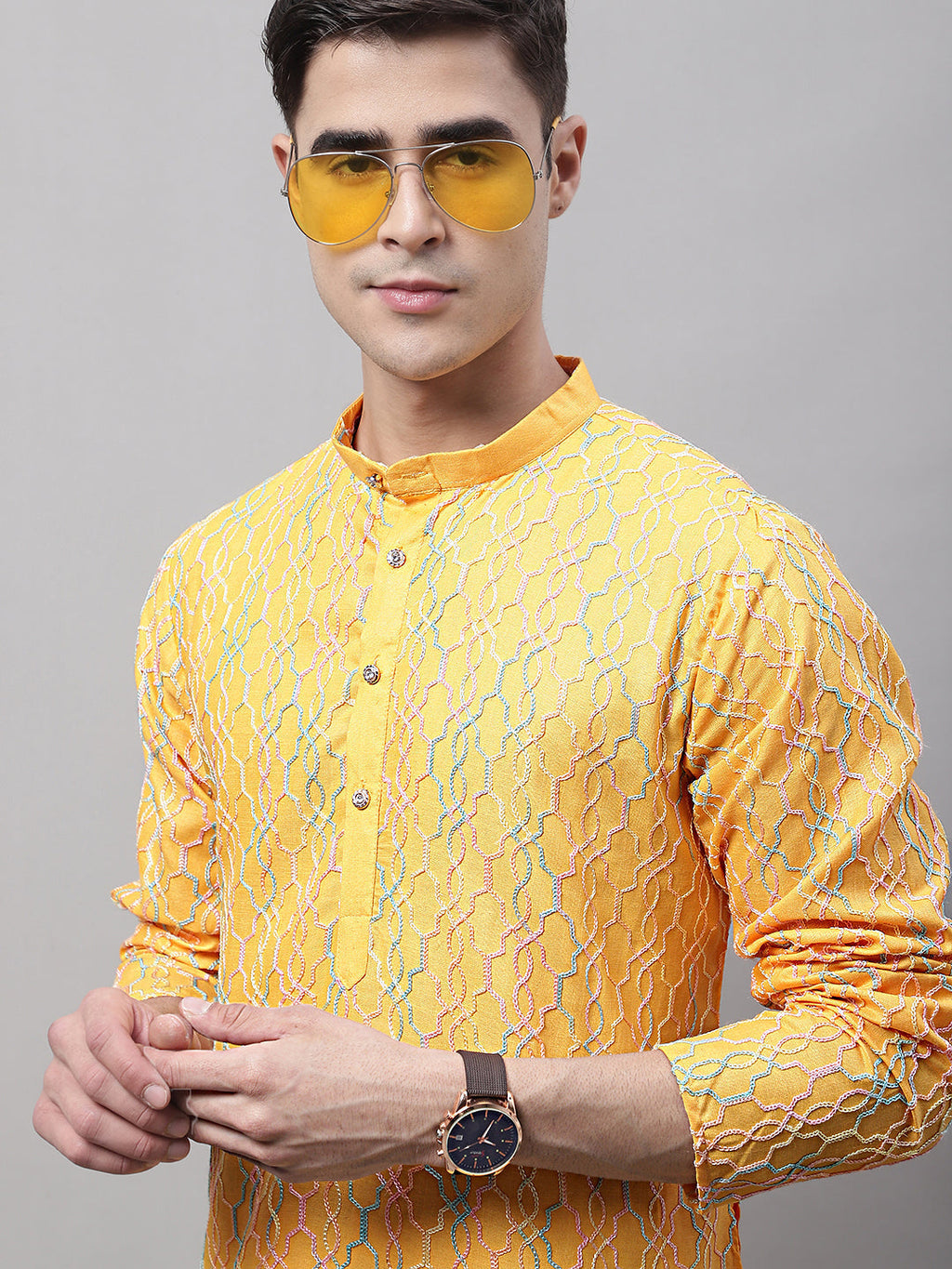 Jompers Men's Mustard and Multi Coloured Embroidered Straight Kurta Pyjama Set | Grocsy