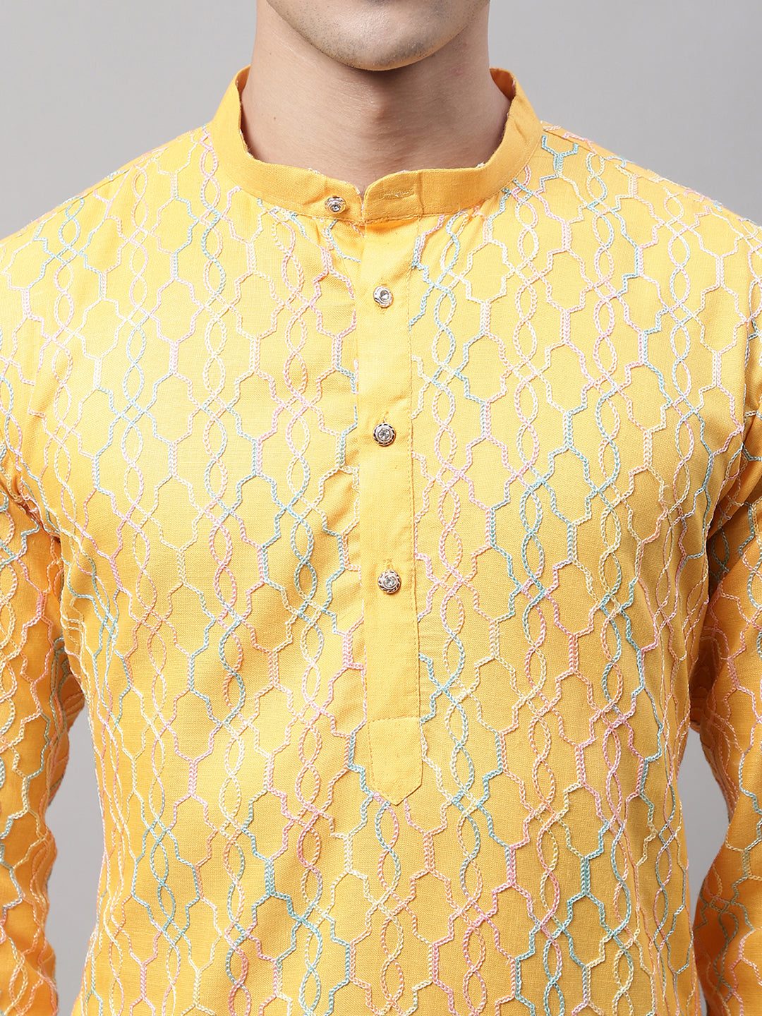 Jompers Men's Mustard and Multi Coloured Embroidered Straight Kurta Pyjama Set | Grocsy