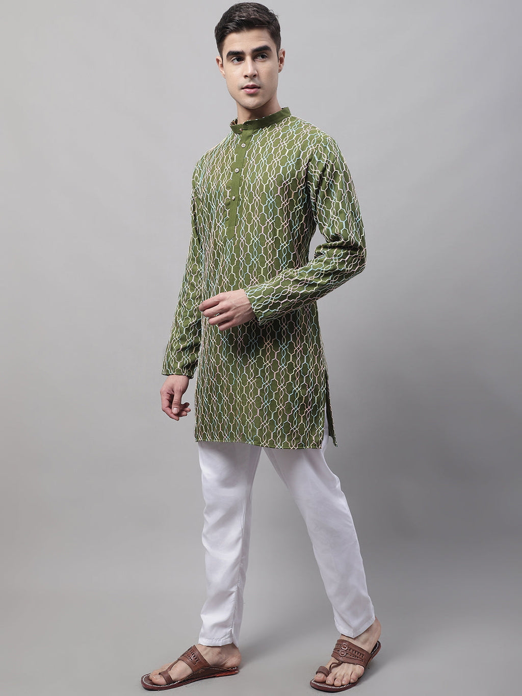 Jompers Men's Olive Green and Multi Coloured Embroidered Straight Kurta Pyjama Set | Grocsy