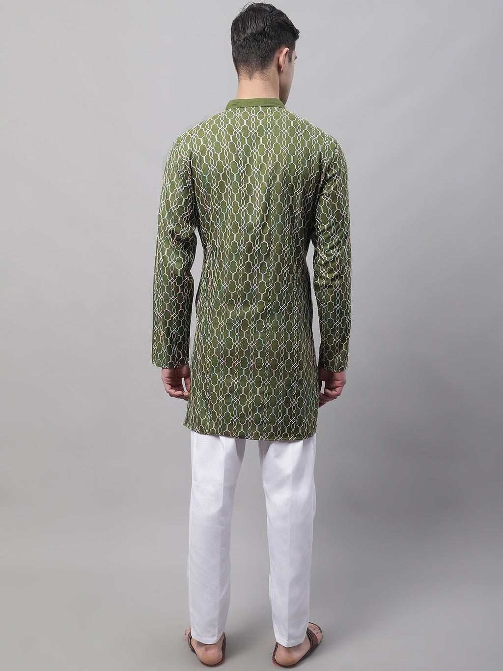 Jompers Men's Olive Green and Multi Coloured Embroidered Straight Kurta Pyjama Set | Grocsy