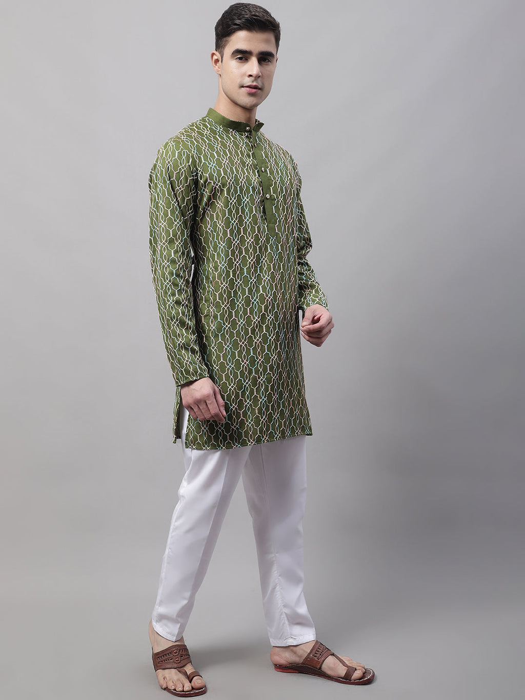 Jompers Men's Olive Green and Multi Coloured Embroidered Straight Kurta Pyjama Set | Grocsy