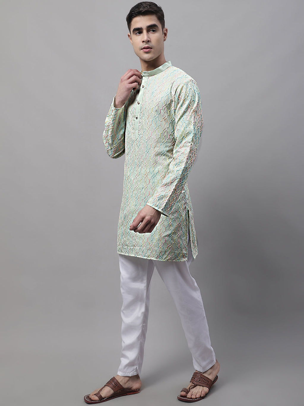 Jompers Men's Pista Green and Multi Coloured Embroidered Straight Kurta Pyjama Set | Grocsy