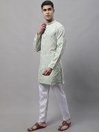 Jompers Men's Pista Green and Multi Coloured Embroidered Straight Kurta Pyjama Set | Grocsy