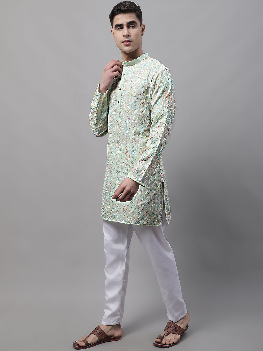 Jompers Men's Pista Green and Multi Coloured Embroidered Straight Kurta Pyjama Set | Grocsy