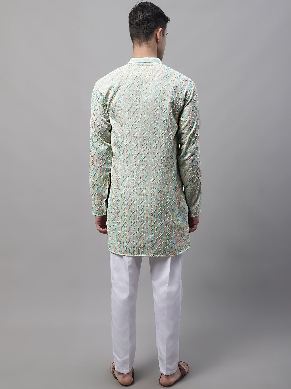 Jompers Men's Pista Green and Multi Coloured Embroidered Straight Kurta Pyjama Set | Grocsy