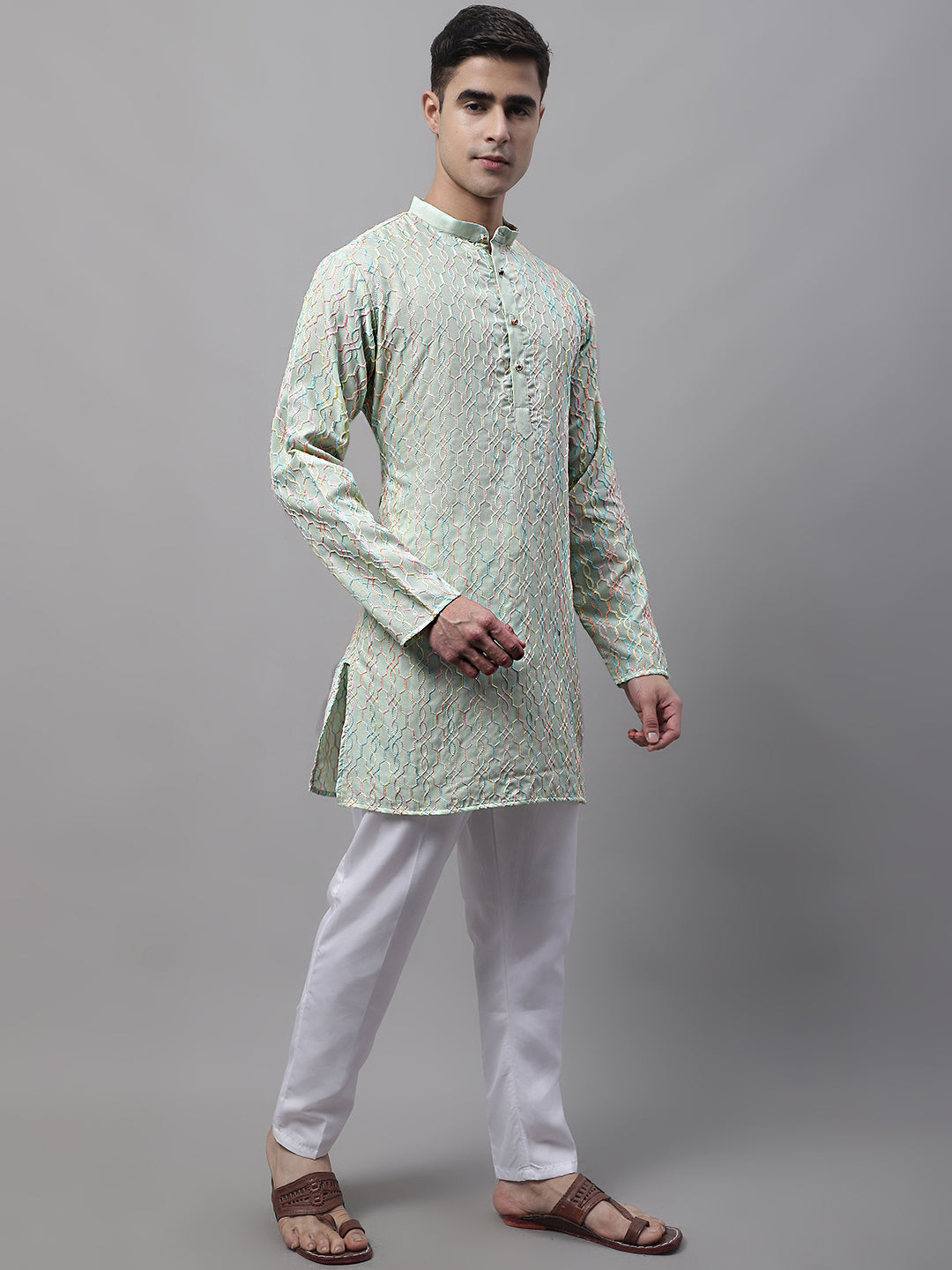 Jompers Men's Pista Green and Multi Coloured Embroidered Straight Kurta Pyjama Set | Grocsy
