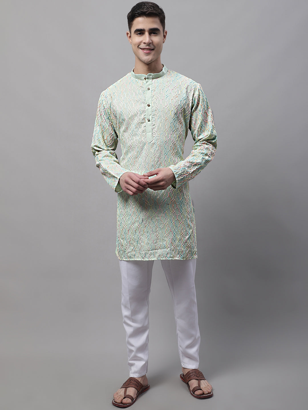 Jompers Men's Pista Green and Multi Coloured Embroidered Straight Kurta Pyjama Set | Grocsy