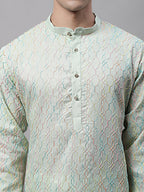 Jompers Men's Pista Green and Multi Coloured Embroidered Straight Kurta Pyjama Set | Grocsy