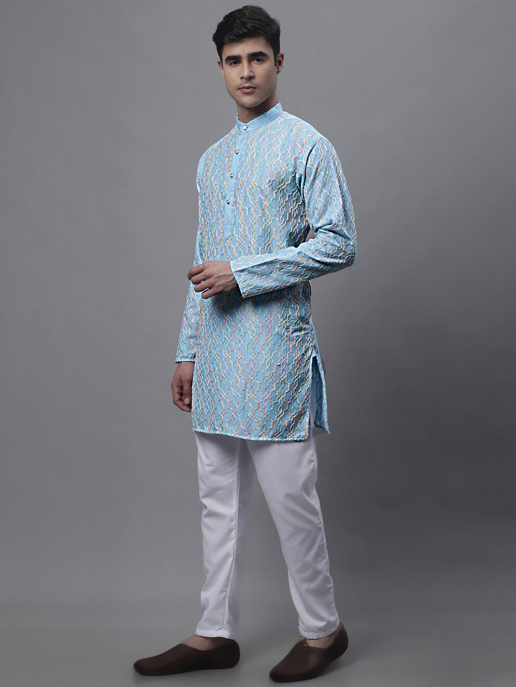 Jompers Men's Sky Blue and Multi Coloured Embroidered Straight Kurta Pyjama Set | Grocsy