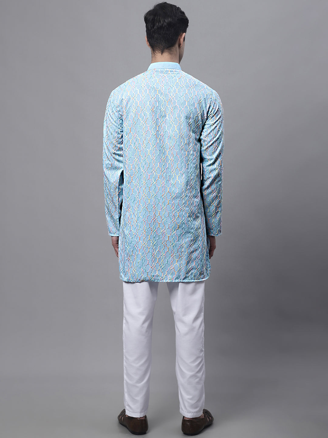 Jompers Men's Sky Blue and Multi Coloured Embroidered Straight Kurta Pyjama Set | Grocsy