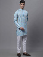 Jompers Men's Sky Blue and Multi Coloured Embroidered Straight Kurta Pyjama Set | Grocsy