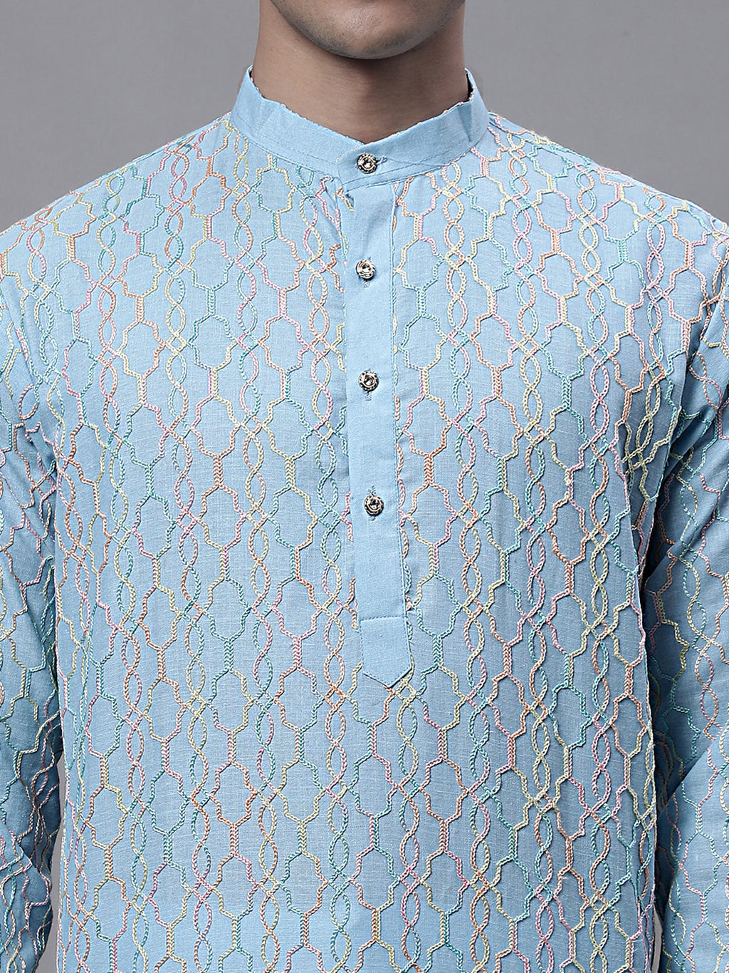 Jompers Men's Sky Blue and Multi Coloured Embroidered Straight Kurta Pyjama Set | Grocsy