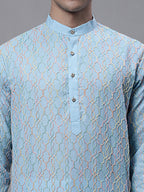 Jompers Men's Sky Blue and Multi Coloured Embroidered Straight Kurta Pyjama Set | Grocsy