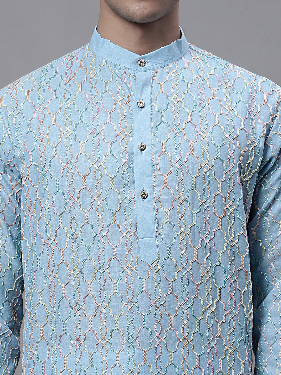 Jompers Men's Sky Blue and Multi Coloured Embroidered Straight Kurta Pyjama Set | Grocsy