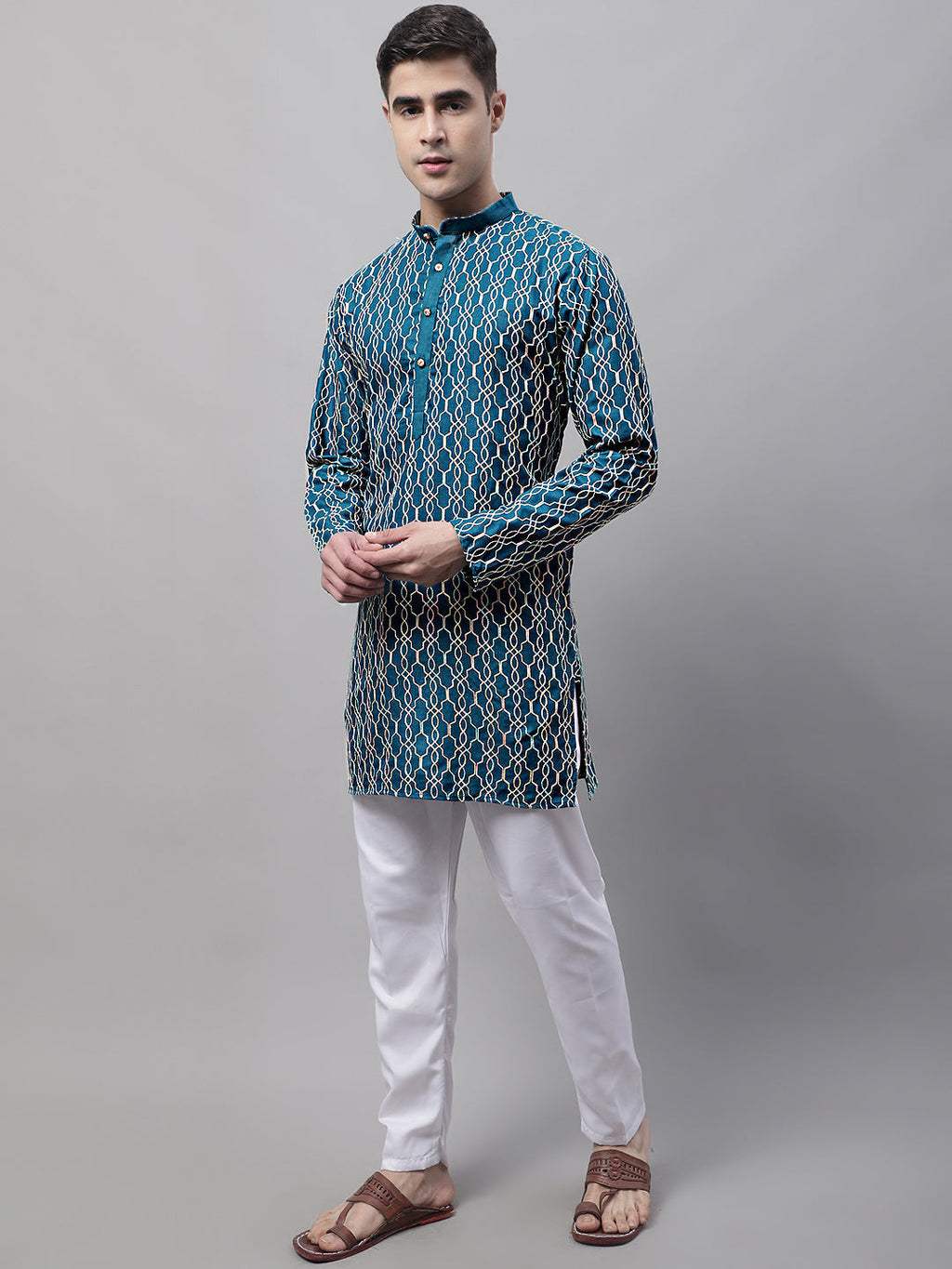 Jompers Men's Teal Blue and Multi Coloured Embroidered Straight Kurta Pyjama Set | Grocsy