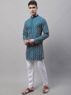 Jompers Men's Teal Blue and Multi Coloured Embroidered Straight Kurta Pyjama Set | Grocsy