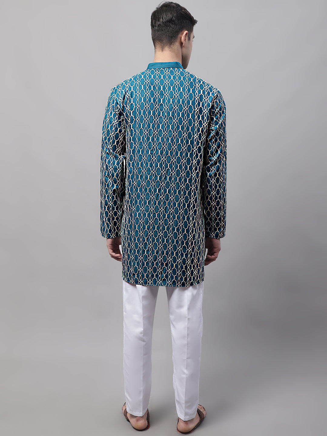 Jompers Men's Teal Blue and Multi Coloured Embroidered Straight Kurta Pyjama Set | Grocsy
